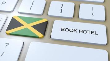 livre Hôtel dans Jamaïque avec site Internet en ligne. bouton sur ordinateur clavier. Voyage concept 3d animation. livre Hôtel texte et nationale drapeau. 3d illustration photo