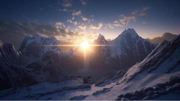le coucher du soleil dans le montagnes. lever du soleil dans le montagnes. magnifique hiver paysage, montagne paysage à le coucher du soleil. panoramique vue de le montagnes photo