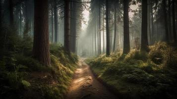 brumeux chemin par le forêt ,coucher de soleil dans une foncé forêt avec des rayons de lumière qui passe par le des arbres photo