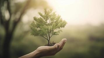 artistique mains embrasse la nature beauté en portant arbre plus de flou Contexte photo