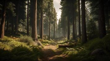 brumeux chemin par le forêt ,coucher de soleil dans une foncé forêt avec des rayons de lumière qui passe par le des arbres photo