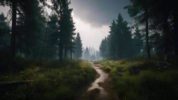 brumeux chemin par le forêt ,coucher de soleil dans une foncé forêt avec des rayons de lumière qui passe par le des arbres photo