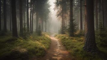 brumeux chemin par le forêt ,coucher de soleil dans une foncé forêt avec des rayons de lumière qui passe par le des arbres photo