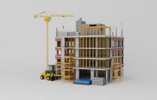 construction de bâtiment avec grue et niveleuse.3d le rendu photo