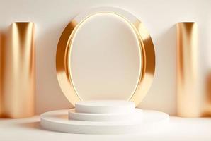 photo or podium dans luxe et minimal conception avec d'or rideaux, 3d rendre