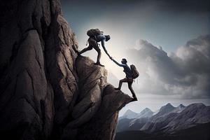 équipe travail, la vie buts et soi amélioration concept. homme portion le sien femelle escalade partenaire en haut une raide bord de une Montagne photo