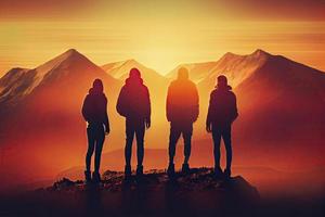 équipe Succès concept photo, copains permanent ensemble sur le Haut de le colline, plus de magnifique montagnes paysage dans or le coucher du soleil lumière photo