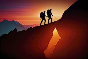 équipe travail, la vie buts et soi amélioration concept. homme portion le sien femelle escalade partenaire en haut une raide bord de une Montagne photo