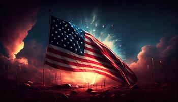 américain drapeau agitant dans le air avec feux d'artifice et nuit scène vue Quatrième de juillet concept indépendance journée temps pour révolution juillet 4e ai généré photo