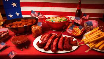 fête table avec tater un barbecue bébé retour travers de porc indépendance journée temps pour révolution juillet 4e ai généré photo