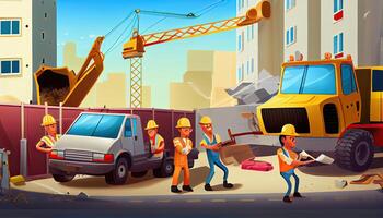 dessin animé scène avec construction ouvriers la main d'oeuvre journée et le importance de ouvriers ai généré photo