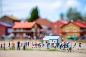 ville la vie avec vivant bâtiment façades et gens en marchant à rue, aérien voir. Urbain Infrastructure. modèle de ville rue dans miniature, inclinaison changement. établi avec génératif ai photo