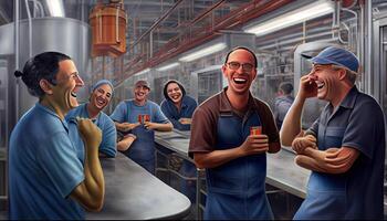 ouvriers parlant et en riant à une usine la main d'oeuvre journée et le importance de ouvriers ai généré photo