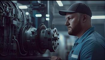 ingénieur dans une moderne usine. industrie 4.0 machine entretien la main d'oeuvre journée et le importance de ouvriers ai généré photo