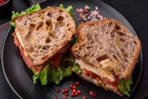 délicieux sandwich avec croustillant griller, poulet, tomates et salade photo