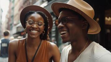 en vacances attrayant Jeune africain américain couple en marchant par le des rues de L'Europe  - génératif ai. photo