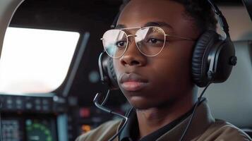 Jeune africain américain pilote Masculin séance dans le cockpit en volant une privé jet - généraliste ai. photo