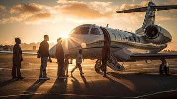 réussi Jeune africain américain famille en marchant avec bagage à leur privé exécutif luxe jet - généraliste ai. photo