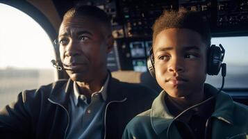 Jeune africain américain père enseignement le sien fils à mouche dans le cockpit de leur avion - généraliste ai. photo