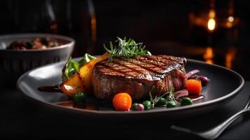 Frais succulent Haut aloyau steak avec sautés des légumes sur le flamme gril - génératif ai.- génératif ai. photo