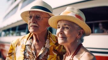 Sénior caucasien couple en vacances sur une croisière navire dans le tropiques - généraliste ai. photo