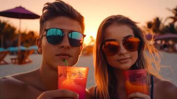 Jeune adulte couple avec tropical les boissons jouit le le coucher du soleil sur sa vacances - généraliste ai. photo