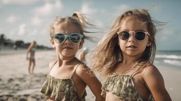 deux Jeune copines posant portant des lunettes de soleil ayant amusement sur le plage - généraliste ai. photo