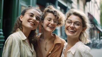 Trois copines en riant et en marchant le des rues de L'Europe  - généraliste ai. photo