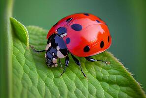 rouge coccinelle repos sur une vert feuille - génératif ai. photo