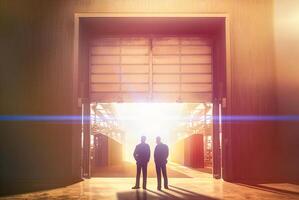 silhouette les hommes d'affaires permanent près ouverture de grand commercial industriel bâtiment - génératif ai. photo