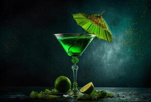 vert cocktail boisson avec petit parapluie et citron vert - génératif ai. photo