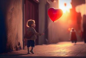 silhouette de une Jeune garçon en marchant avec une cœur ballon sur une chaîne - génératif ai. photo