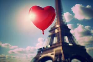 la Saint-Valentin journée cœur ballon flottant près le Eiffel la tour - génératif ai. photo