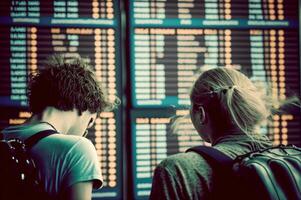 malheureux et stressé Jeune adulte couple à aéroport visualisation annulé vols sur vol information et aéroport afficher planche - génératif ai. photo