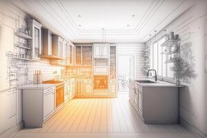 architectural rugueux exploration dessin de une Douane cuisine intérieur - génératif ai. photo