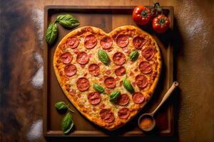 aérien de cœur en forme de la Saint-Valentin journée pepperoni Pizza sur bois Coupe planche avec basilic feuilles et tomates - génératif ai. photo