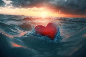 grand rouge cœur précairement dérive dans tumultueux océan sur orageux journée - génératif ai. photo