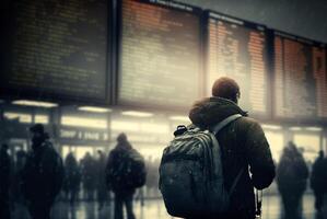 malheureux et stressé Jeune adulte homme à aéroport visualisation annulé vols sur vol information et aéroport afficher planche - génératif ai. photo