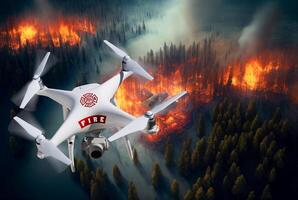 Feu département sans équipage avion système, drone au dessus une forêt Feu - génératif ai. photo