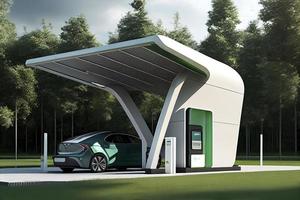 le concept de un ev mise en charge station avec vert énergie et éco Puissance implique le utilisation de renouvelable énergie photo