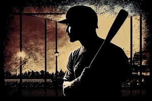 silhouette, le image de une base-ball joueur avec une chauve souris sur le Contexte de le stade photo