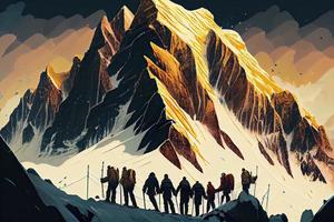 groupe de les alpinistes. plusieurs haute alpin grimpeurs dans de face de une gigantesque Montagne photo