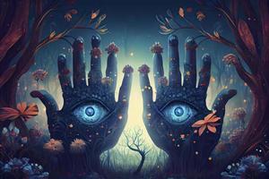 mysticisme toile de fond avec la magie forêt fleurs et mains avec yeux en train de regarder photo