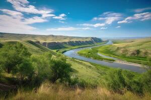 magnifique rivière et vert colline, ai généré photo