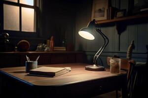 cinématique livre sur le table et une bureau lampe, ai généré photo