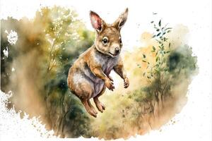 ai généré mignonne joey est sauter dans forêt. aquarelle La peinture de mignonne kangourou sauvage animaux. photo