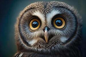 mignonne hibou avec gros yeux regards curieux. ai généré photo