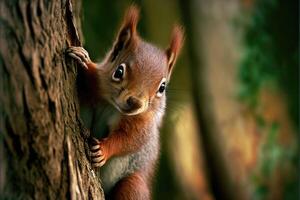 mignonne écureuil escalade une arbre. ai généré photo
