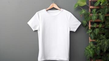 génératif ai, réaliste blanc T-shirt moquer en haut Vide sur Contexte avec les plantes pour présentation publicité. Vide affaires concept, camping, Extérieur et forêt photo