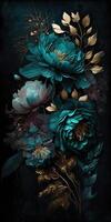 génératif ai, proche en haut de épanouissement parterres de fleurs de incroyable sarcelle fleurs sur foncé de mauvaise humeur floral texturé Contexte. verticale format. photo